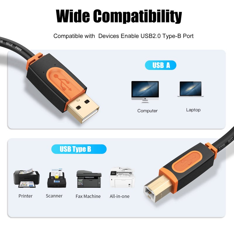 SNANSHI Printer Cable 10 ft, USB Printer Cable USB 2.0 Type A Male to Type B Male Scanner Printer Cord Compatible with HP, Canon, Lexmark, Epson, Dell, Xerox, Samsung etc - Image 5